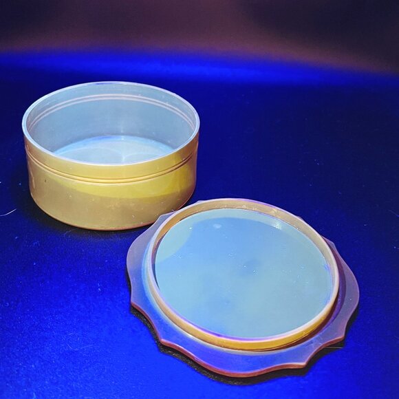 Vintage Amber Celluloid Vanity Powder Trinket Box Butterscotch Scalloped Edge - Picture 3 of 10